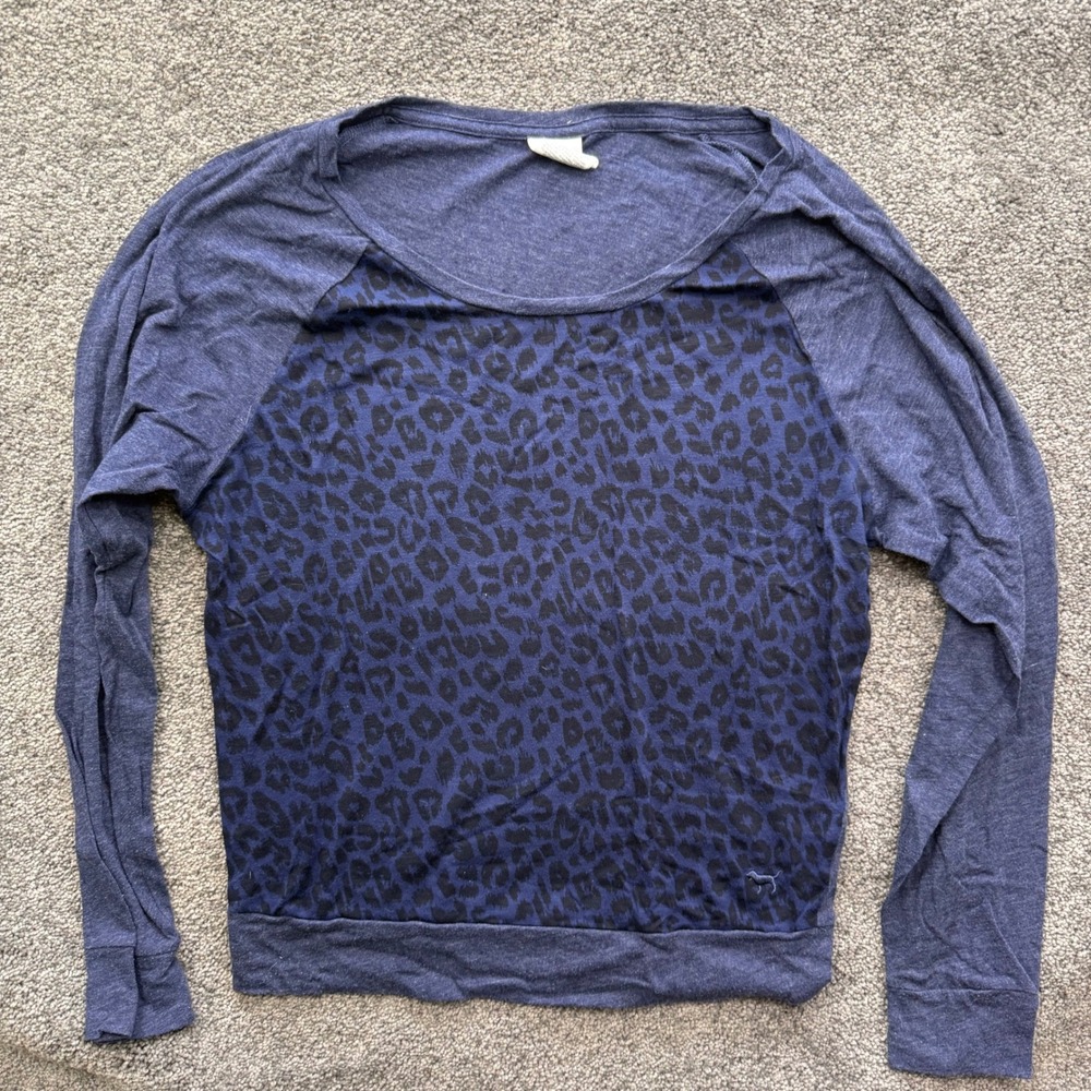 Victorias Secret PINK Womens Blue Leopard Print Raglan Long Sleeve Top Medium
